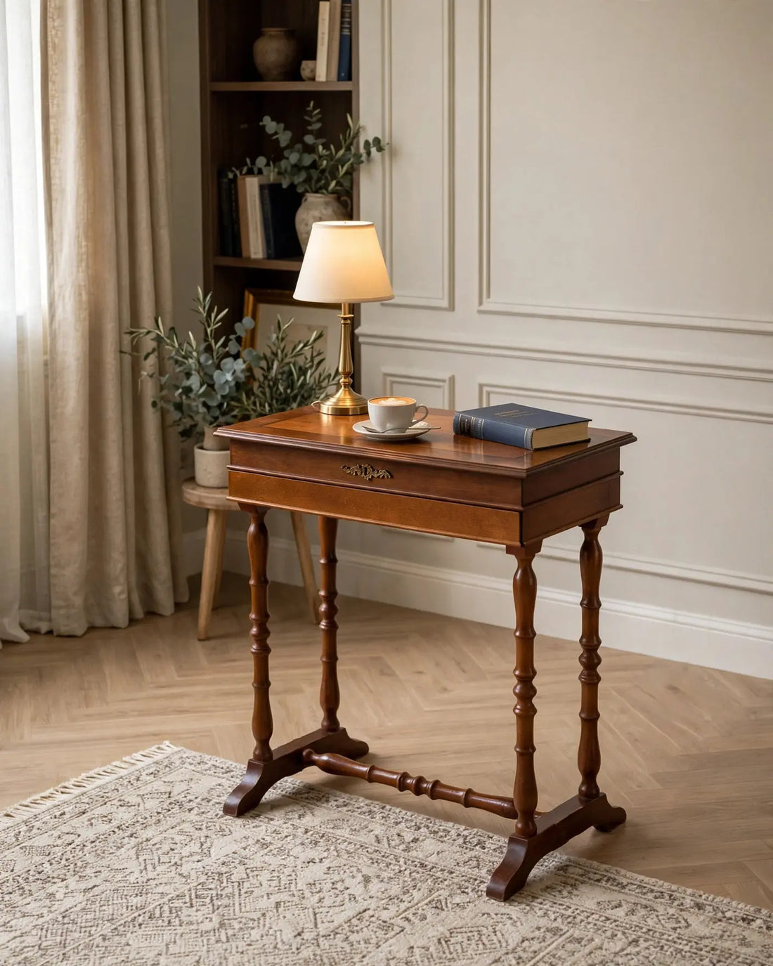 Costurero vintage con marquetería como mesa auxiliar en salón clásico — Antique Arte y Decoración