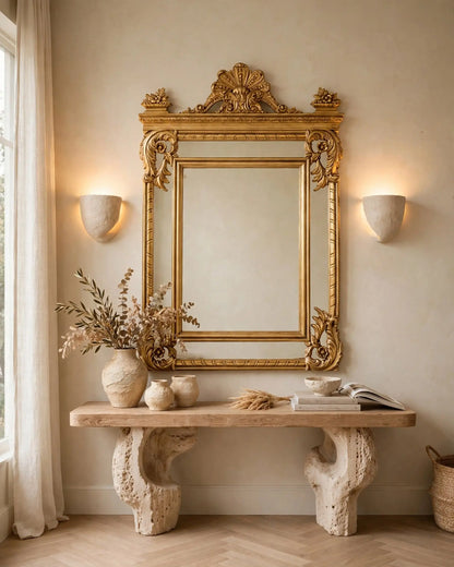 Espejo de gran formato dorado al pan de oro sobre consola en recibidor — Antique Arte y Decoración