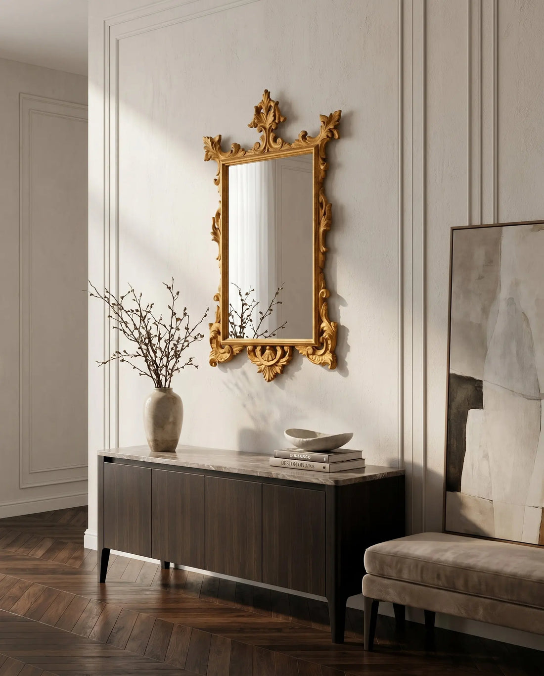 Espejo dorado pan de oro rococó siglo XIX en recibidor clásico — Antique Arte y Decoración