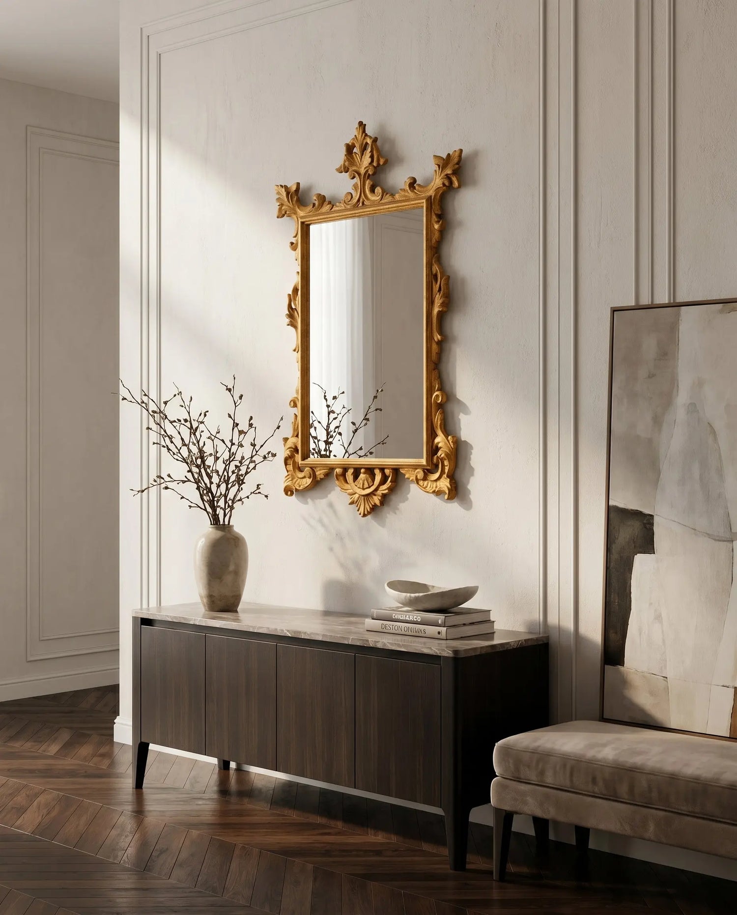 Espejo dorado pan de oro rococó siglo XIX en recibidor clásico — Antique Arte y Decoración
