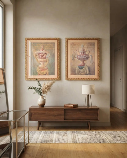 Pareja de cuadros vintage de urnas clásicas en salón sobre aparador — Antique Arte y Decoración