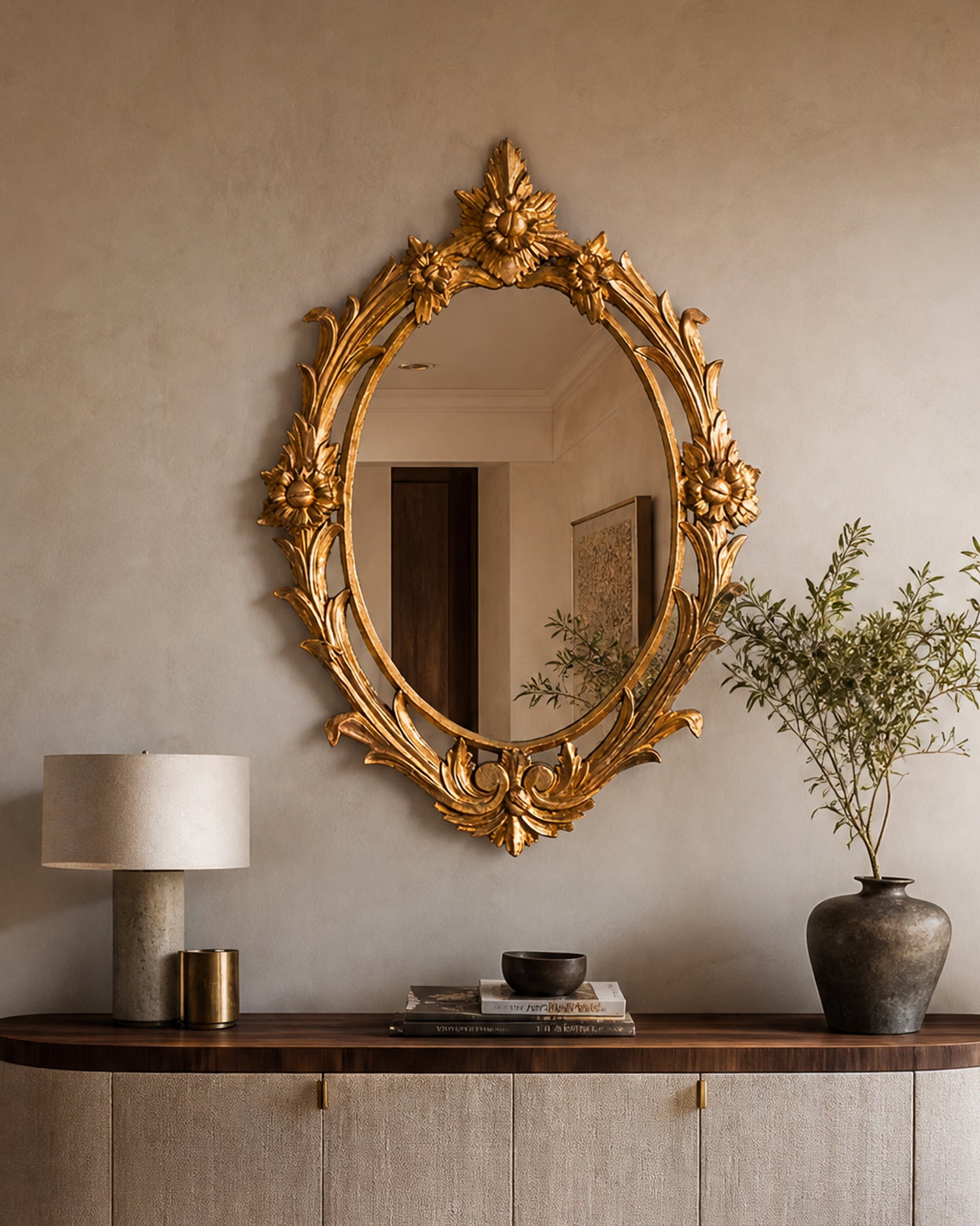 Espejo ovalado dorado pan de oro en salón sobre aparador contemporáneo — Antique Arte y Decoración