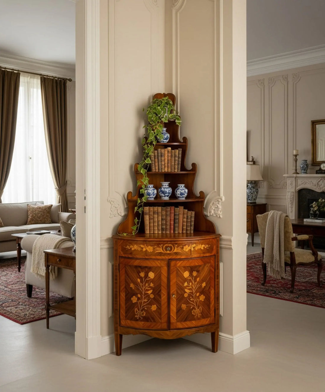 Rinconera vintage con marquetería floral en ambiente decorado con piezas seleccionadas — Antique Arte y Decoración