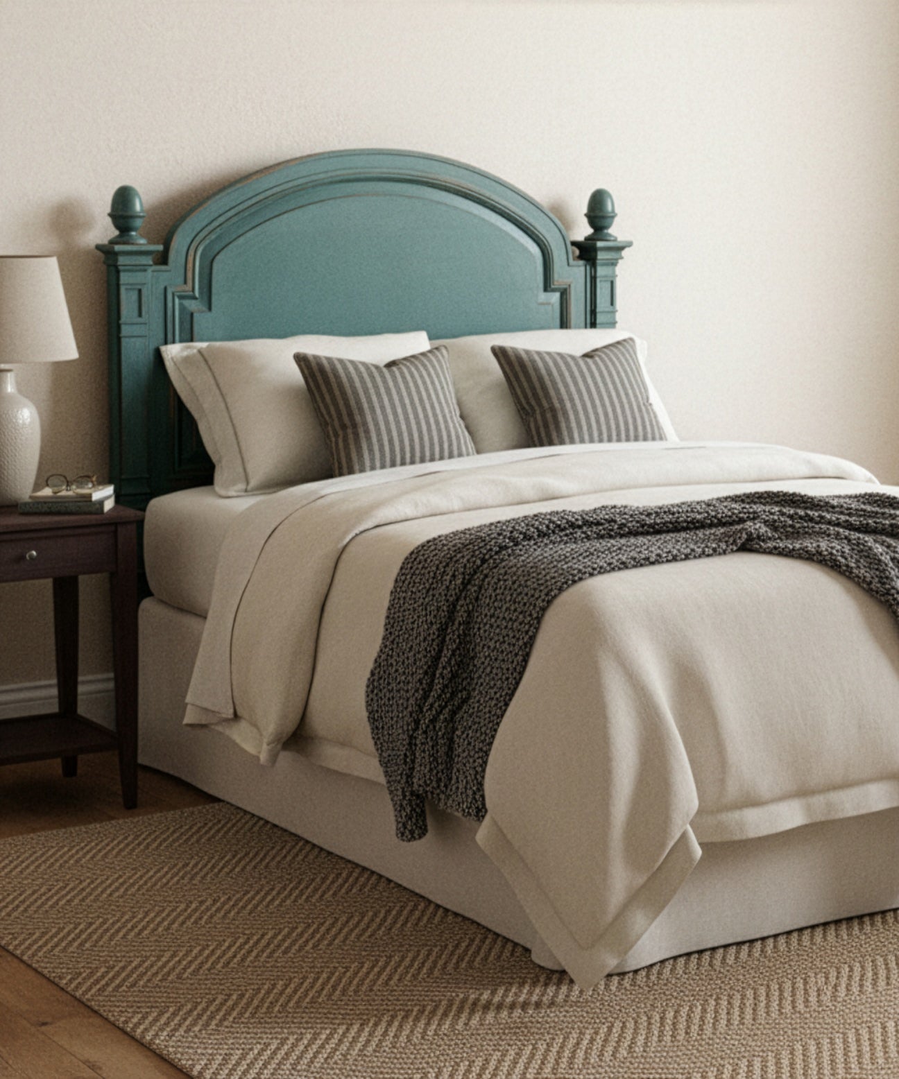 Cabecero verde estilo gustaviano en dormitorio neutro con ropa de cama beige y gris