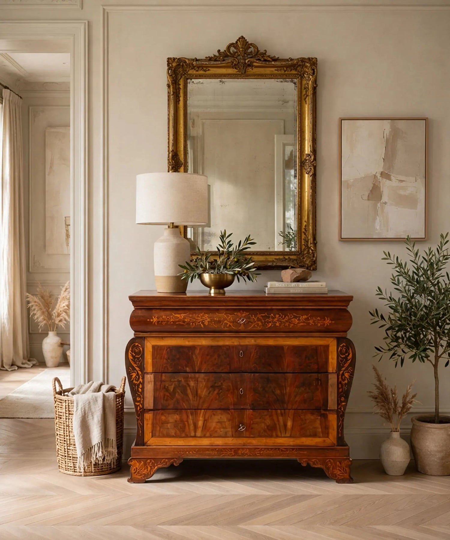 Cómoda antigua de marquetería en salón contemporáneo con espejo dorado — Antique Arte y Decoración