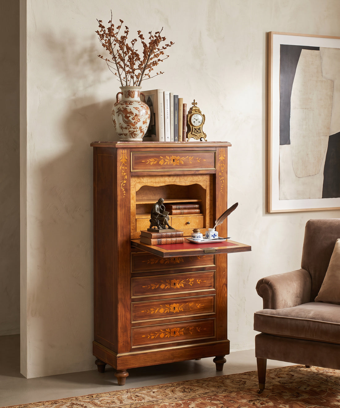 Secreter antiguo abierto como escritorio con interior en arce ojo de perdiz — Antique Arte y Decoración