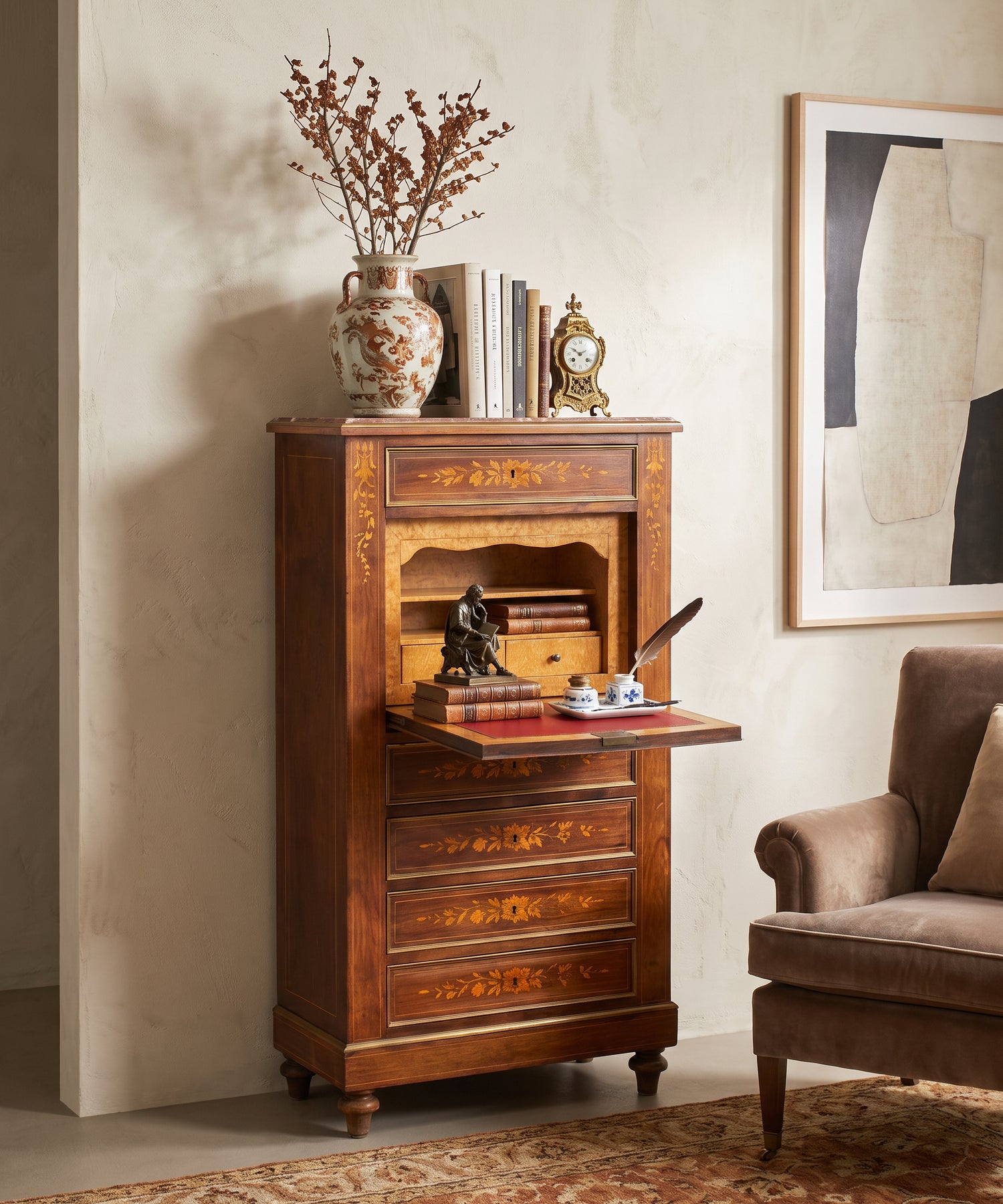 Secreter antiguo abierto como escritorio con interior en arce ojo de perdiz — Antique Arte y Decoración