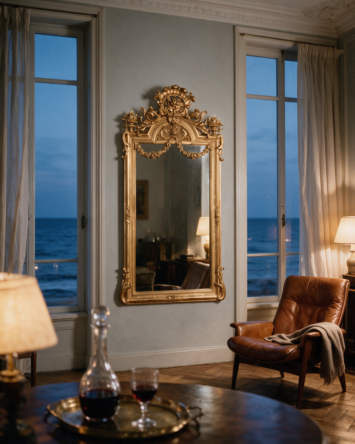 Espejo antiguo dorado Napoleón III en salón entre dos ventanas al anochecer — Antique Arte y Decoración