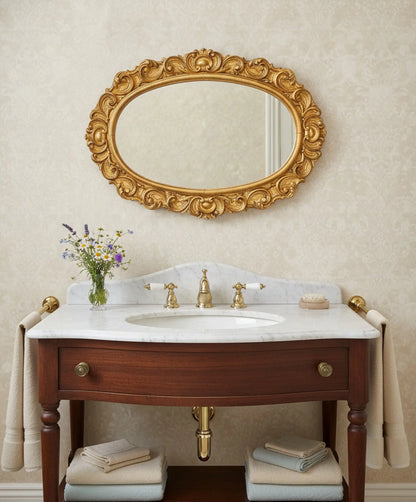 Espejo ovalado dorado al pan de oro sobre mueble de baño con mármol — Antique Arte y Decoración