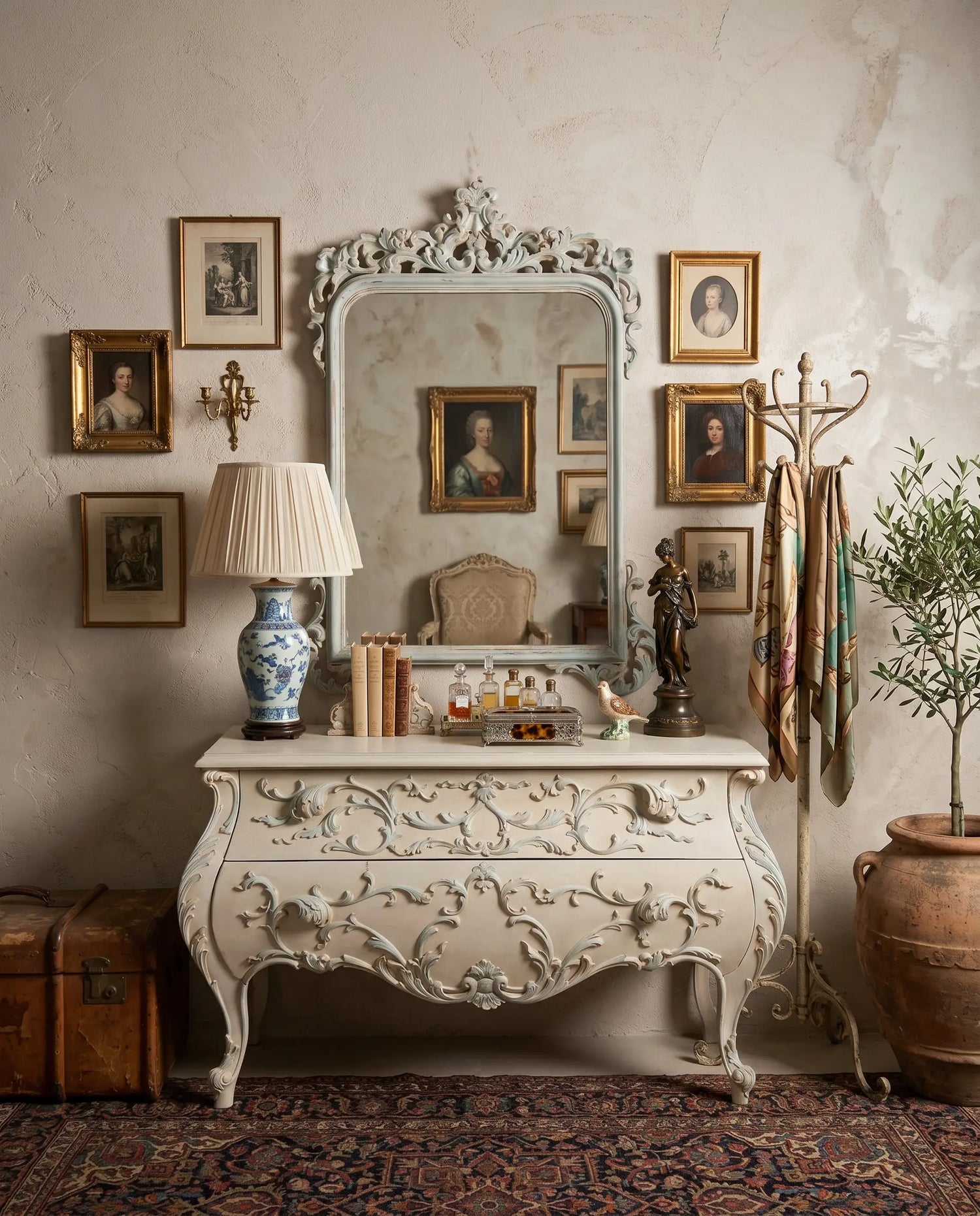 Espejo vintage de pared tallado en ambiente clásico con cuadros y pátina hueso — Antique Arte y Decoración