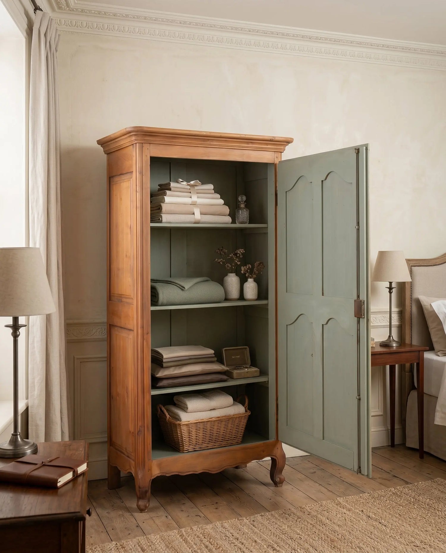 Armario Luis XV abierto en dormitorio con interior verde salvia y ropa de hogar — Antique Arte y Decoración