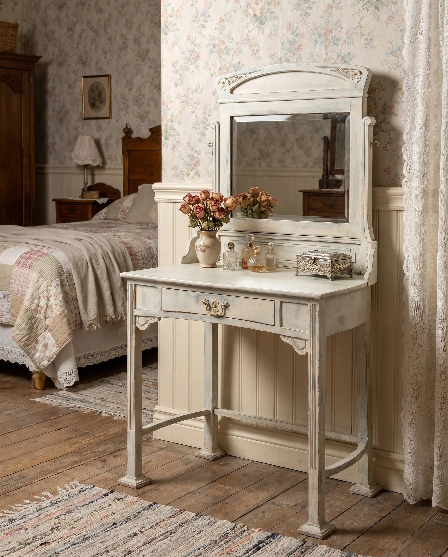Tocador modernista gris decapado en dormitorio con taburete y cortinas de lino — Antique Arte y Decoración