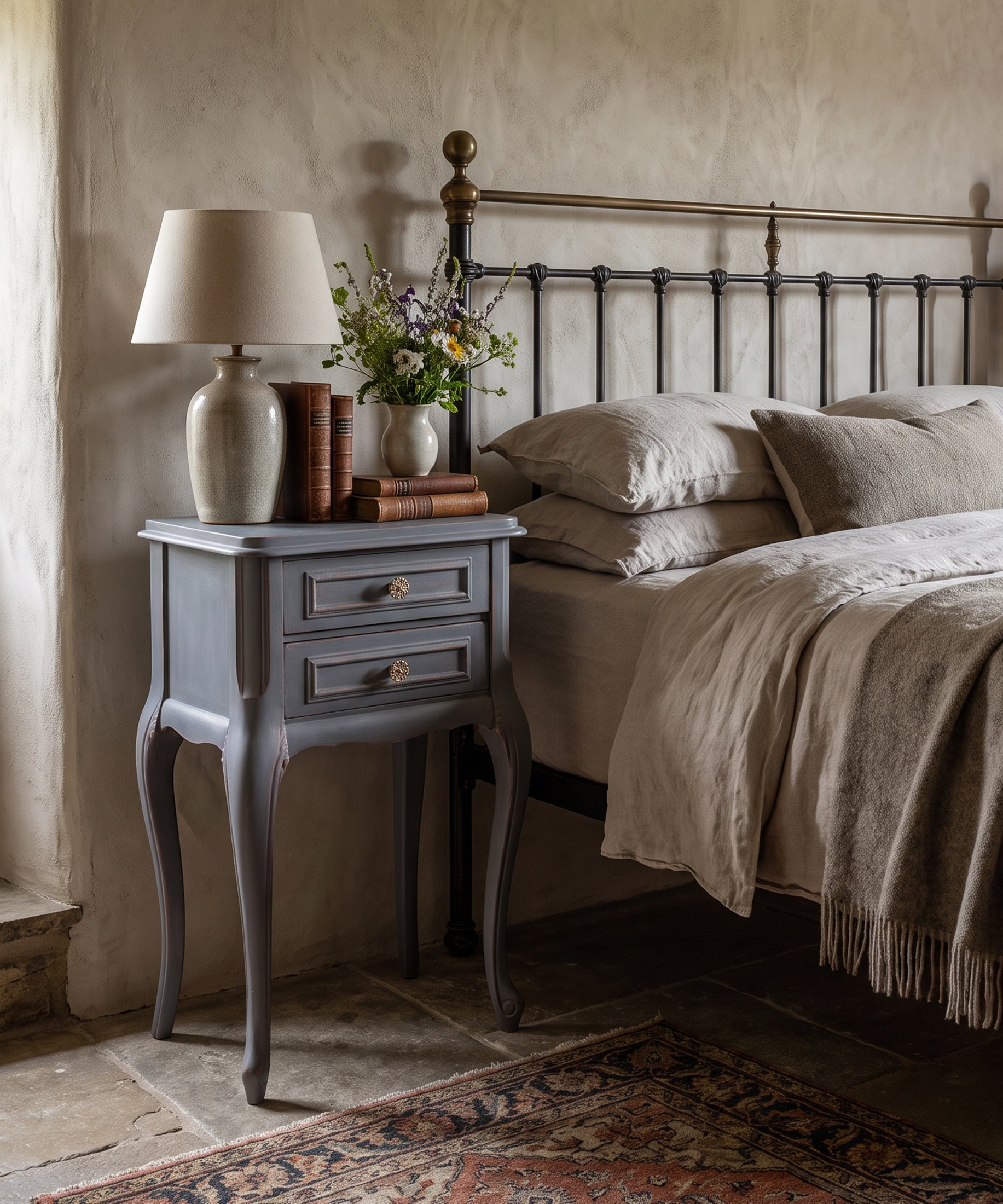 Mesita de noche vintage Luis XV azul azafata en ambiente de dormitorio — Antique Arte y Decoración