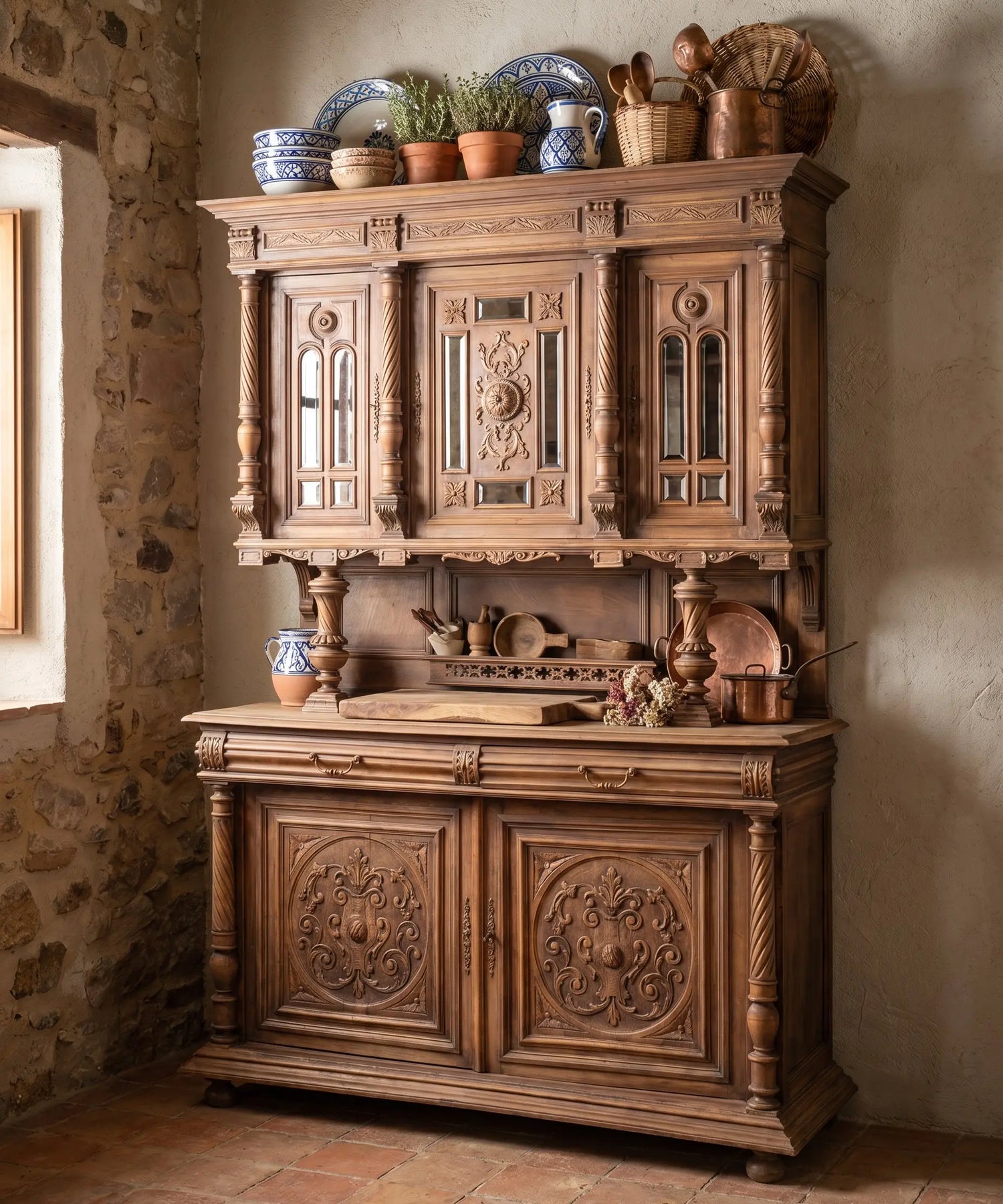 Aparador de nogal tallado en cocina rústica de piedra con cerámica — Antique Arte y Decoración