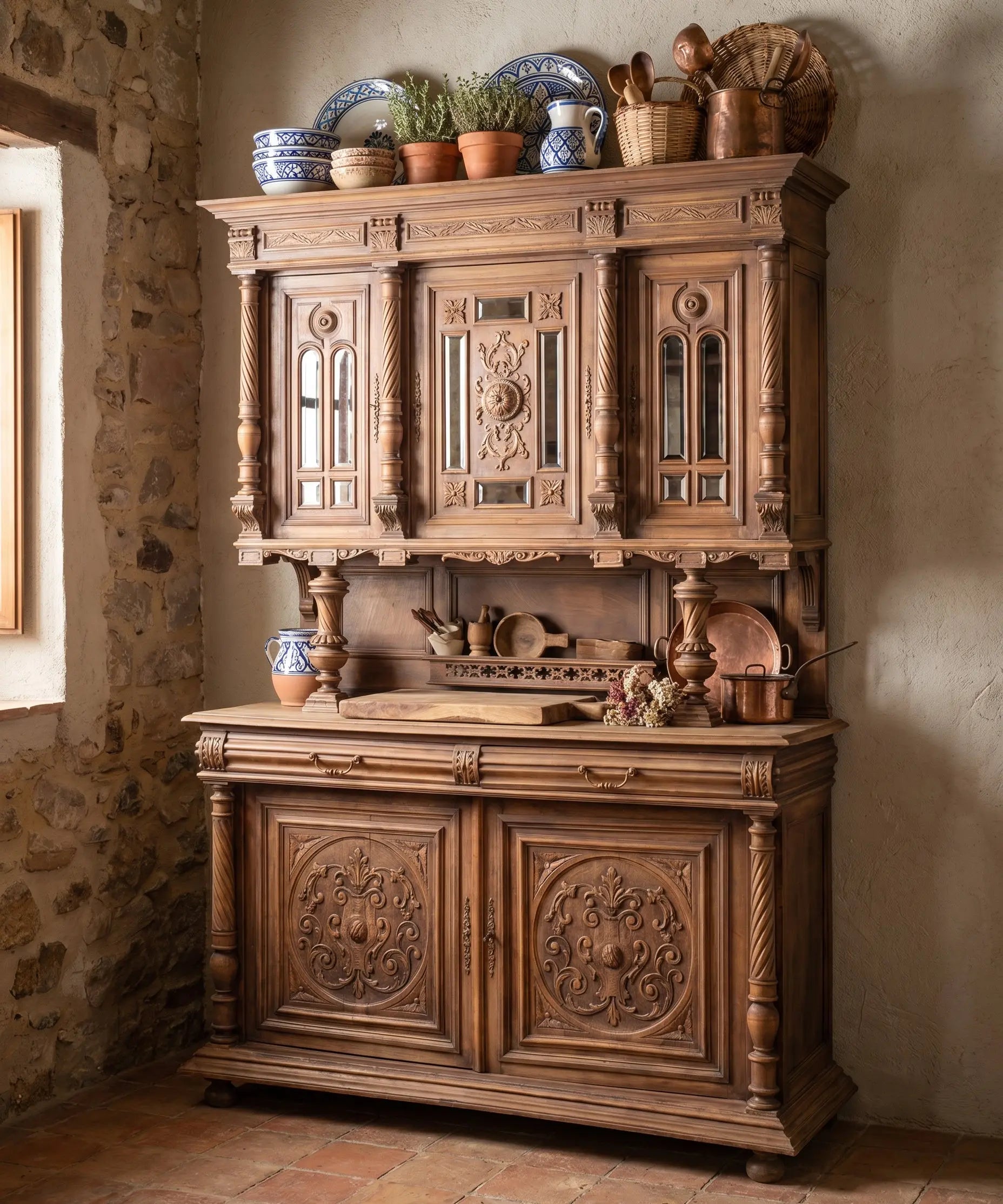 Aparador de nogal tallado en cocina rústica de piedra con cerámica — Antique Arte y Decoración