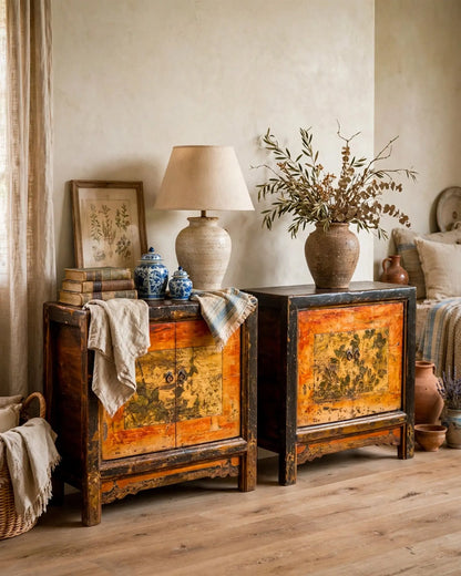 Pareja aparadores orientales siglo XIX en dormitorio con decoración natural — Antique Arte y Decoración