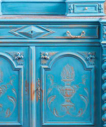 Aparador Antiguo con Espejo y Mármol en Azul Decapé | Estilo Enrique II