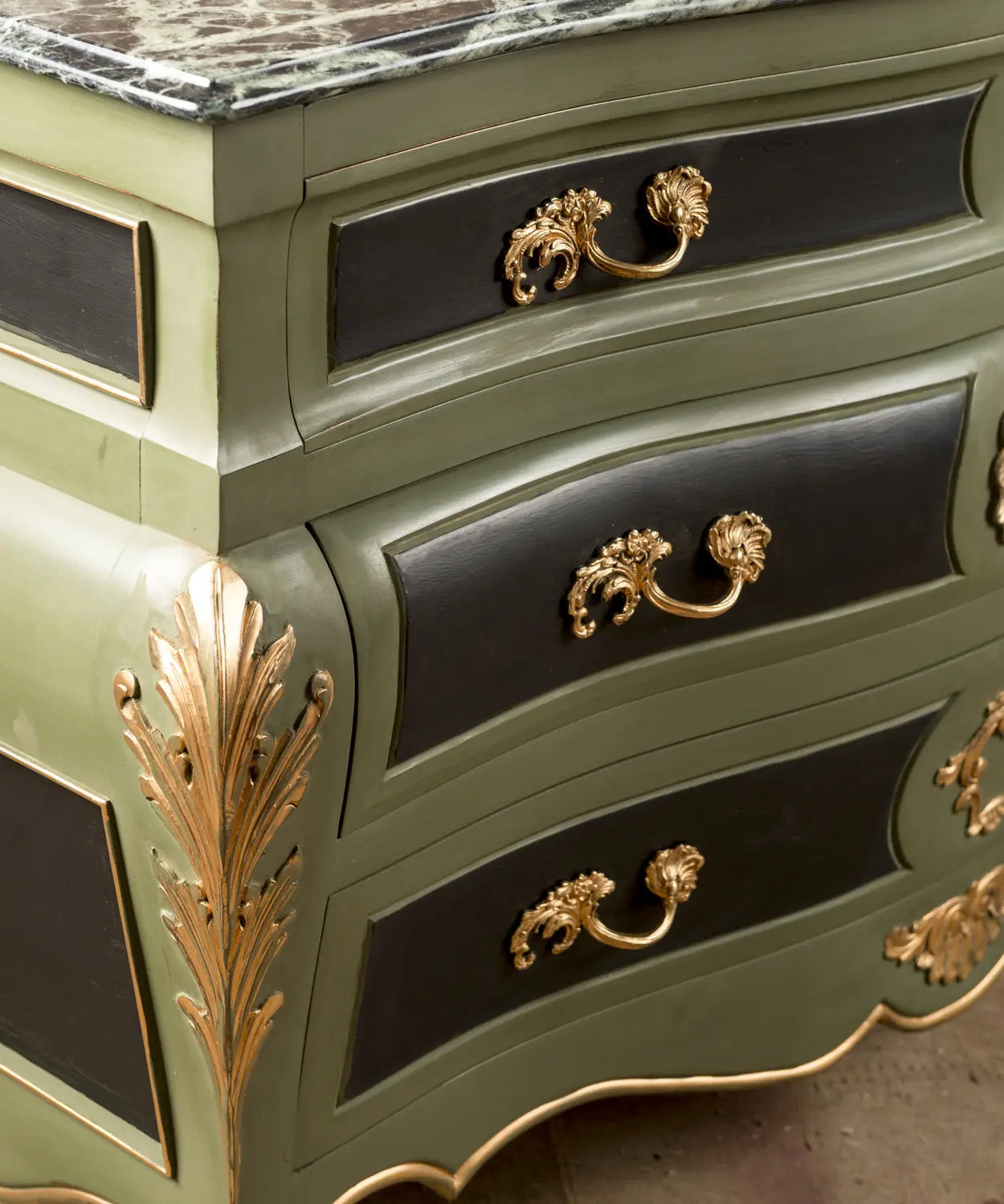Louis XV style bombé chest of drawers in olive green and black