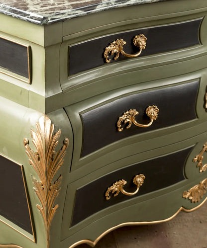 Louis XV style bombé chest of drawers in olive green and black