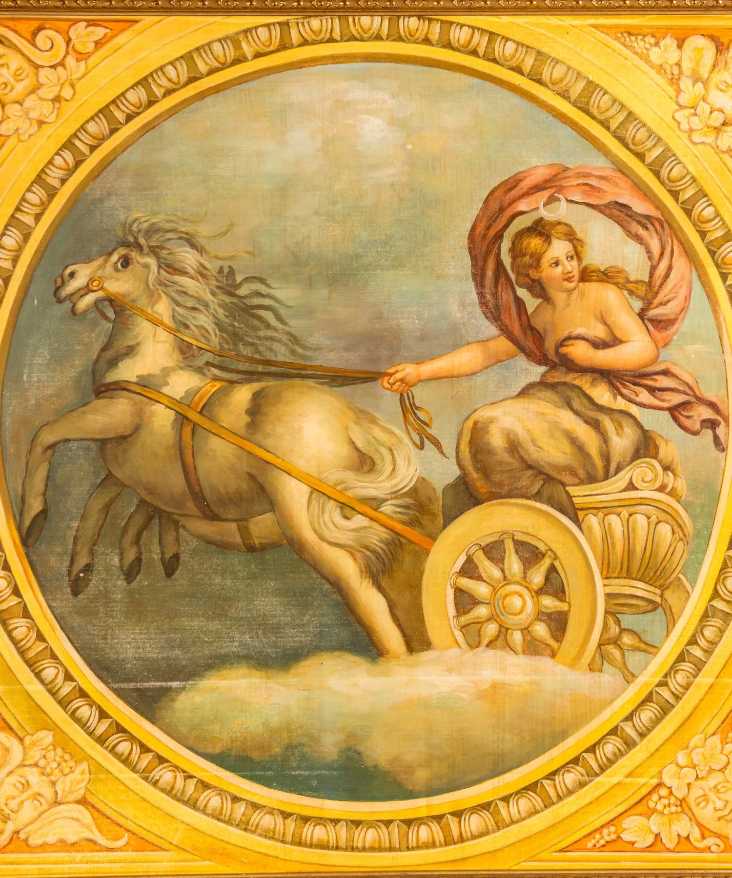 Detalle escena de la Aurora en carro con caballo pintada a mano al óleo — Antique Arte y Decoración