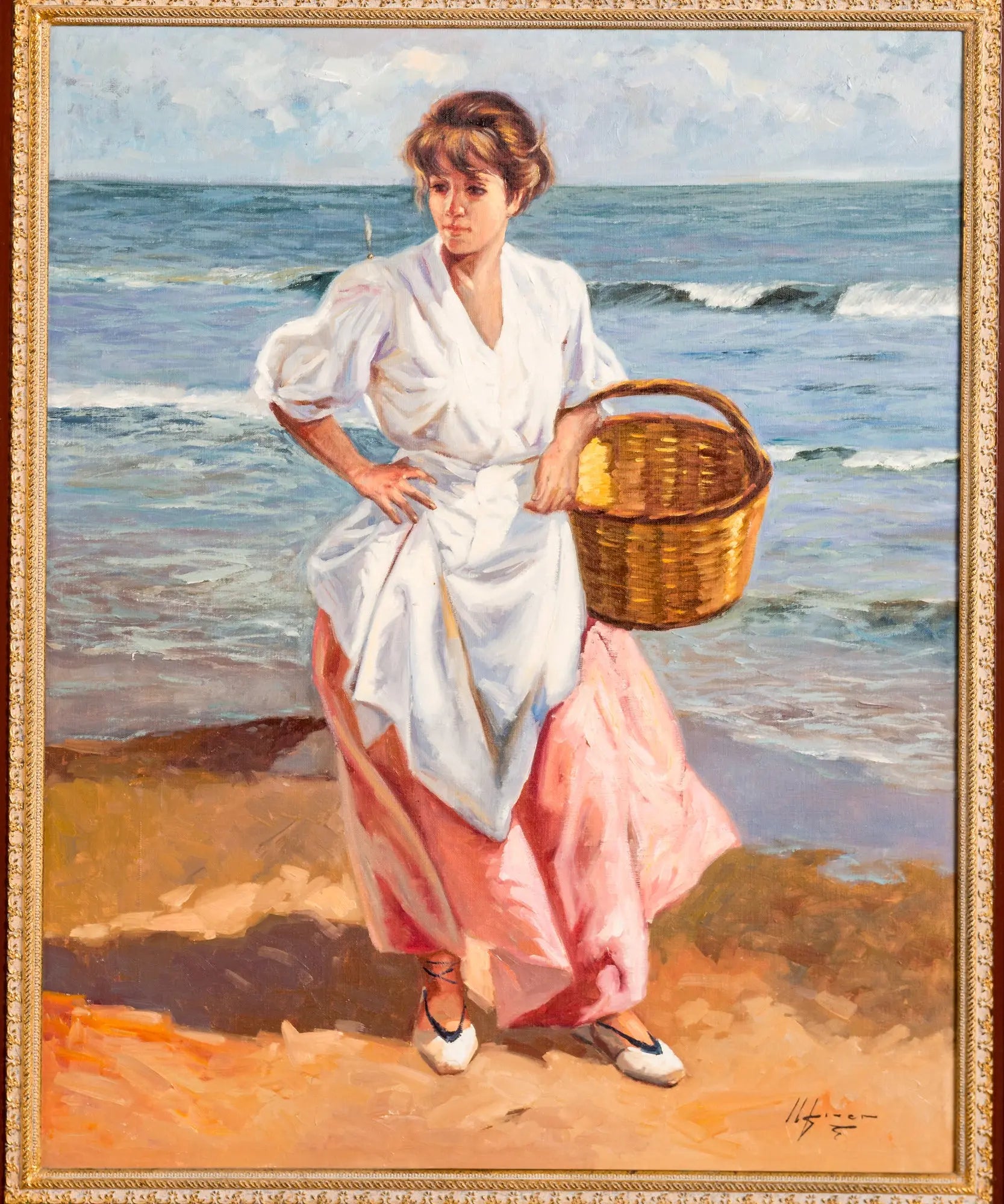 Cuadro con pintura costumbrista y marco dorado