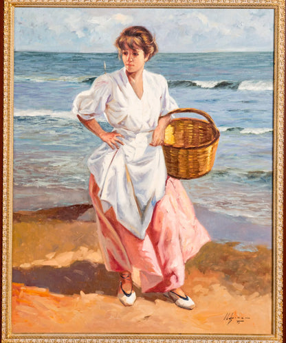 Cuadro con pintura costumbrista y marco dorado