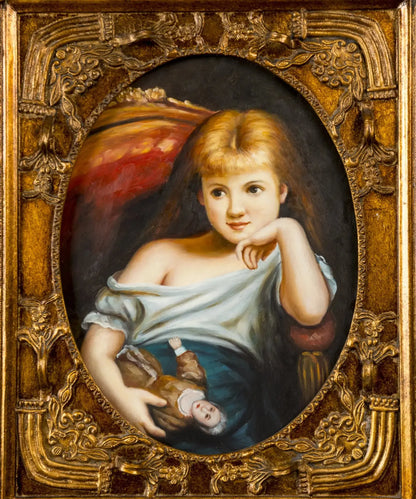 Primer plano de pintura romántica clásica con marco ovalado dorado envejecido y adornos de rocalla.