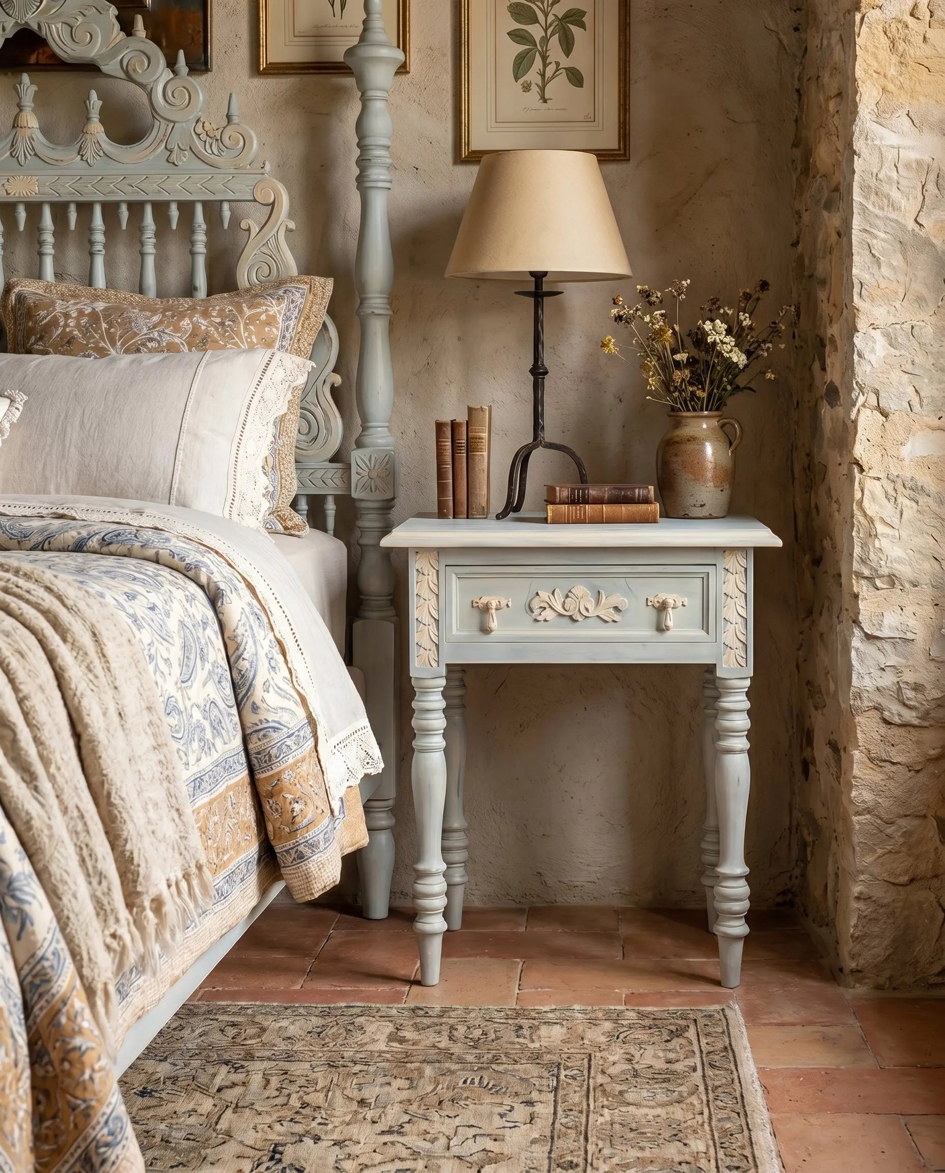 Detalle mesita noche azul celadón crema talla acanto cajón patas torneadas dormitorio provenzal — Antique Arte y Decoración