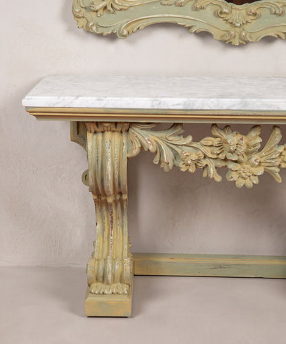 Detalle pie de garra y ménsula acanalada de la consola vintage en verde salvia decapado — Antique Arte y Decoración