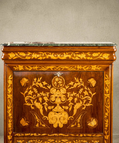 Secreter con marquetería floral y tapa de mármol verde