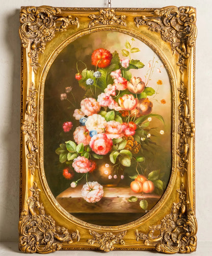 Cuadro bodegón floral firmado rosas tulipanes melocotones óleo lienzo — Antique Arte y Decoración