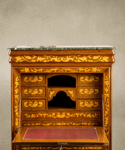 Secreter con marquetería floral y tapa de mármol verde