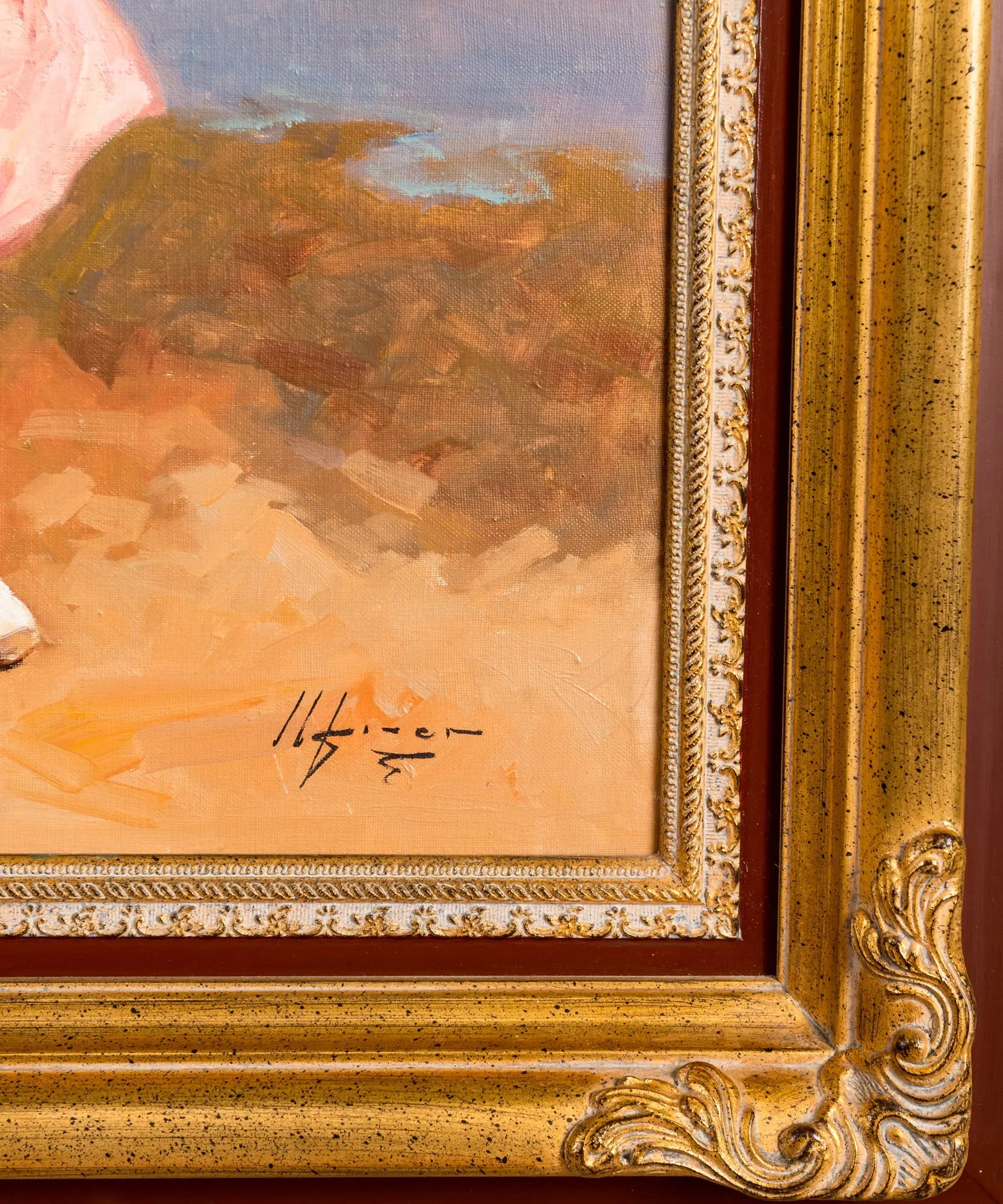 Cuadro con pintura costumbrista y marco dorado