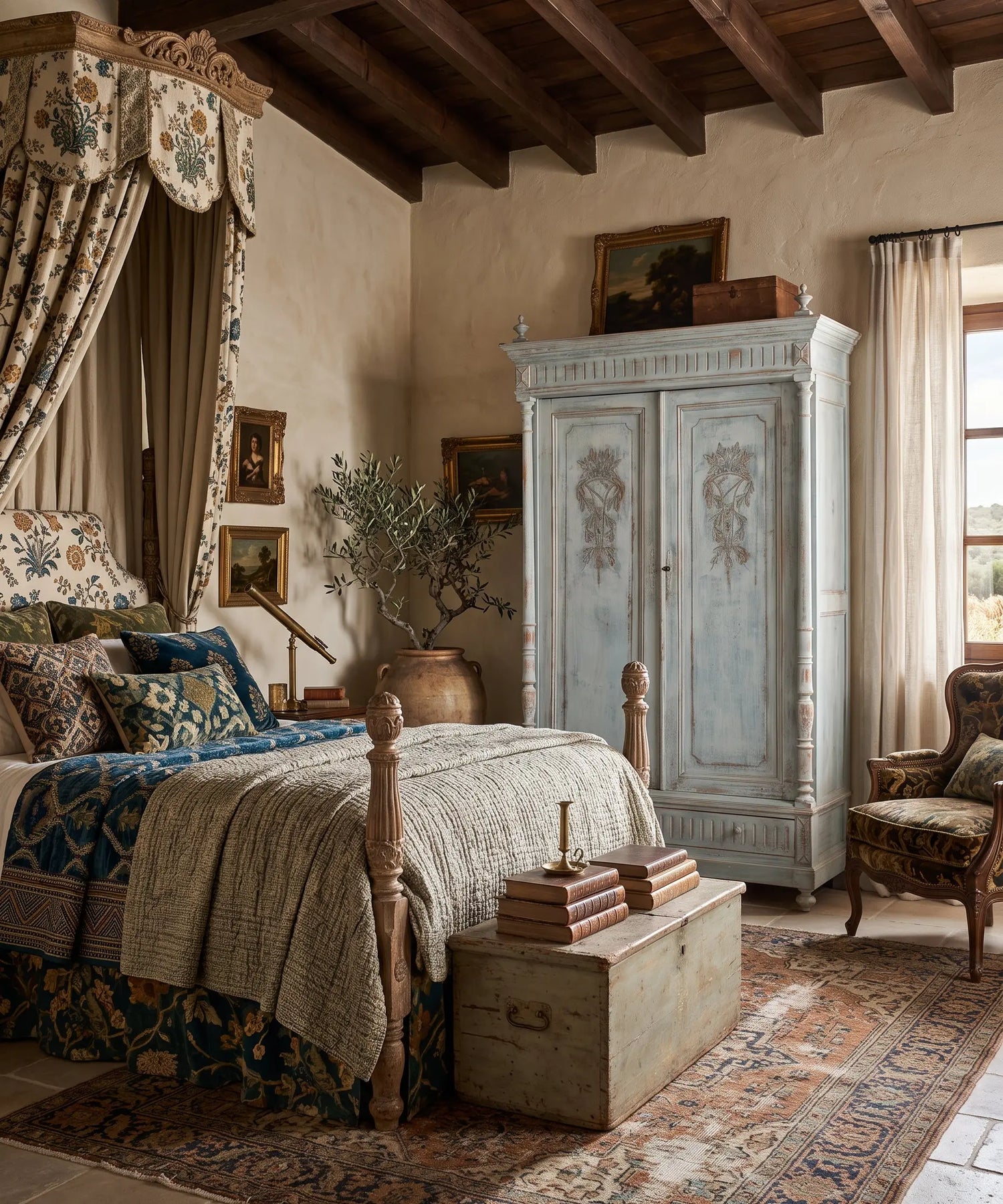 Armario antiguo azul decapé en dormitorio de casa de campo con vigas — Antique Arte y Decoración