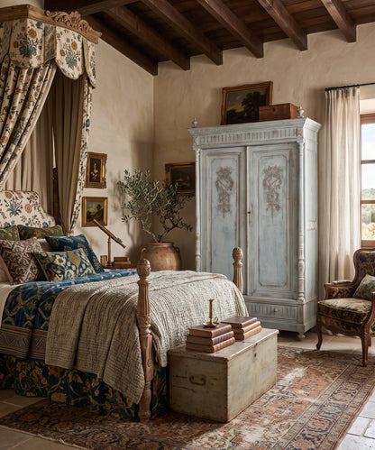 Armario antiguo azul decapé en dormitorio de casa de campo con vigas — Antique Arte y Decoración