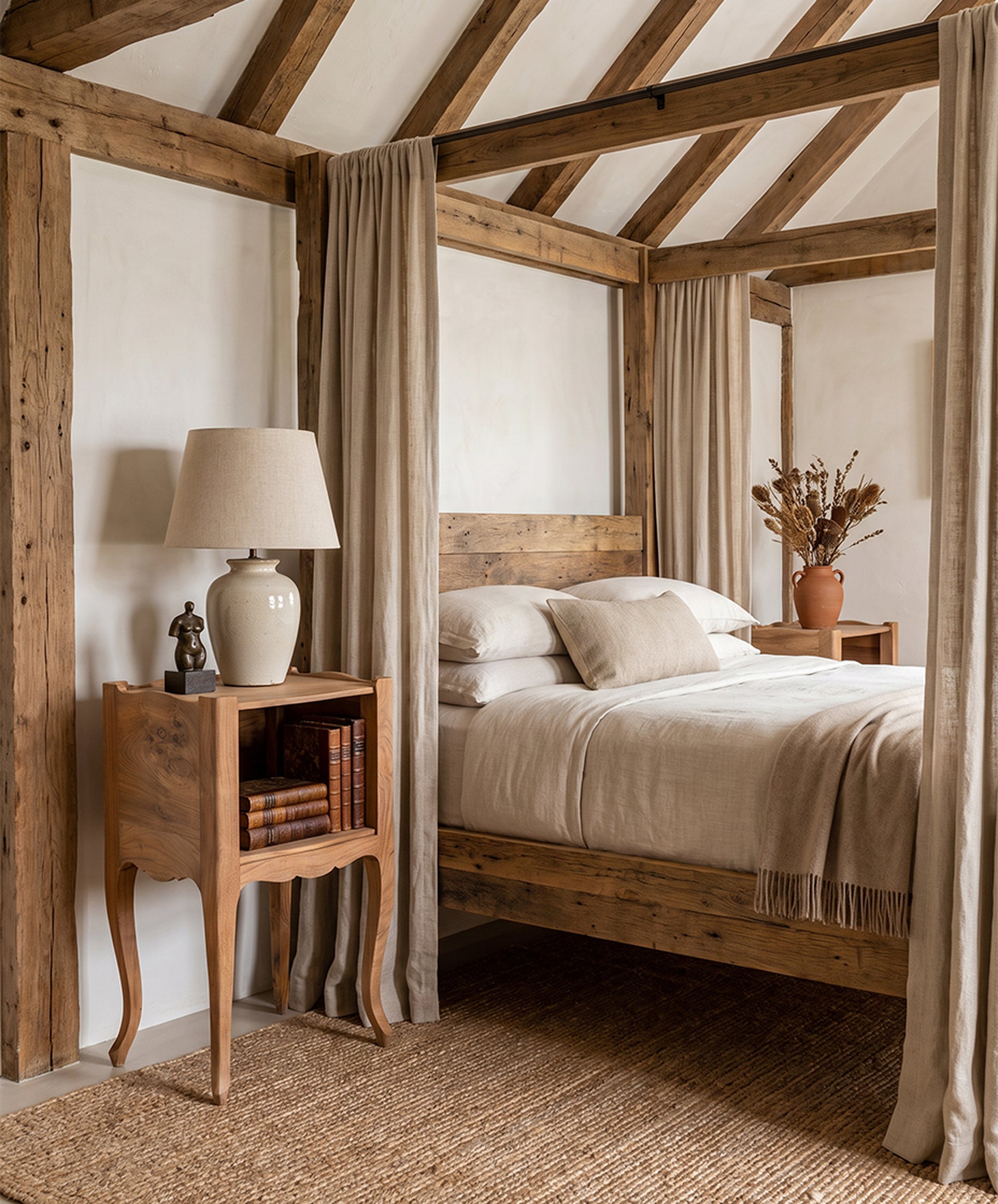 Pareja de mesitas de noche vintage madera vista ambientada en dormitorio — Antique Arte y Decoración