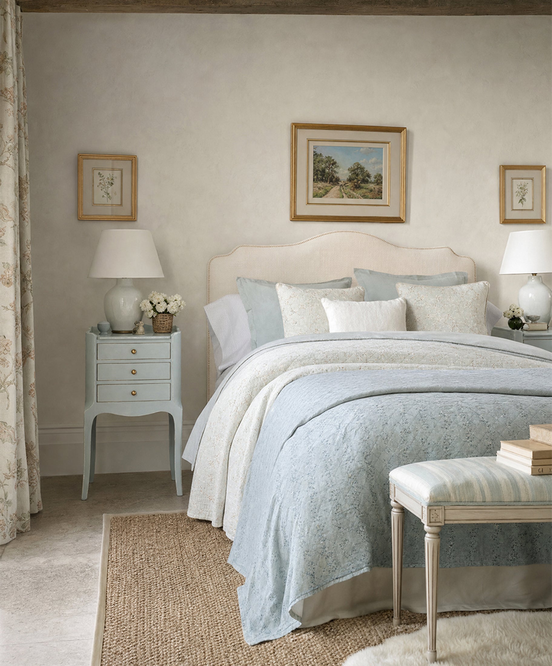 Mesitas de noche azul celeste junto a cabecero tapizado en dormitorio — Antique Arte y Decoración