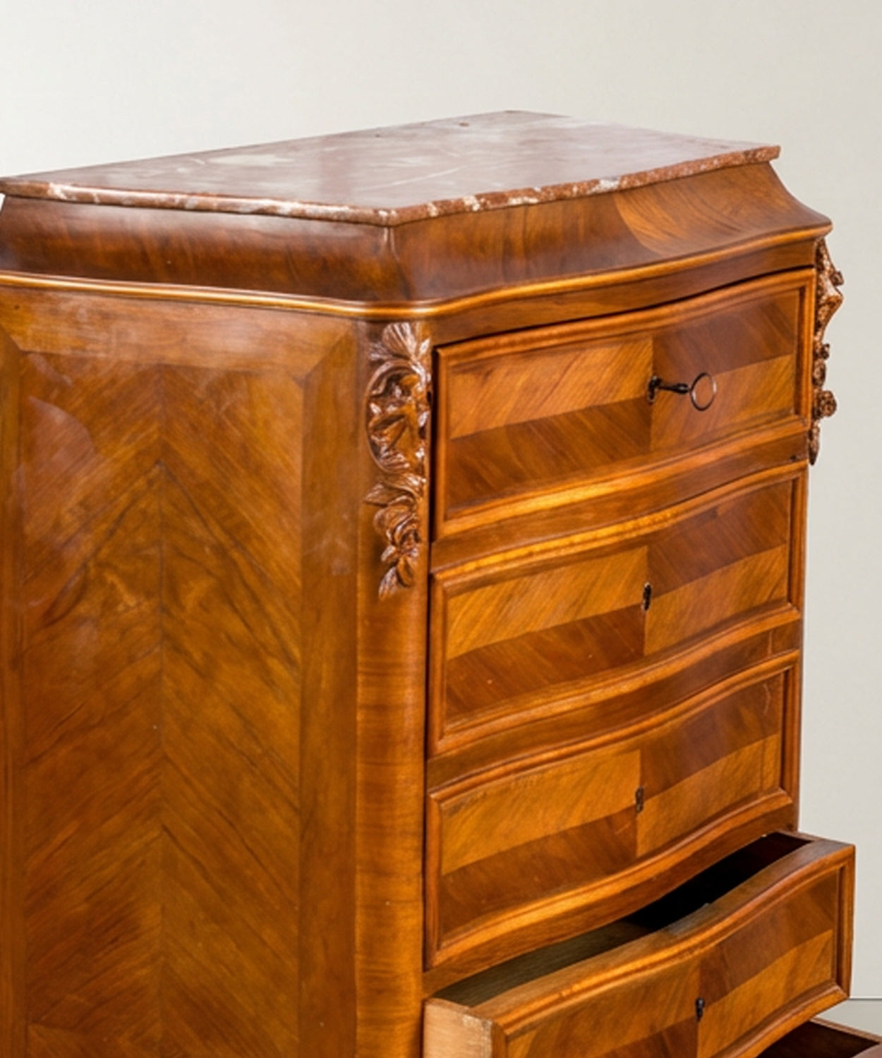 Secrétaire-Semainier estilo Luis XV en marquetería de nogal y tapa de mármol
