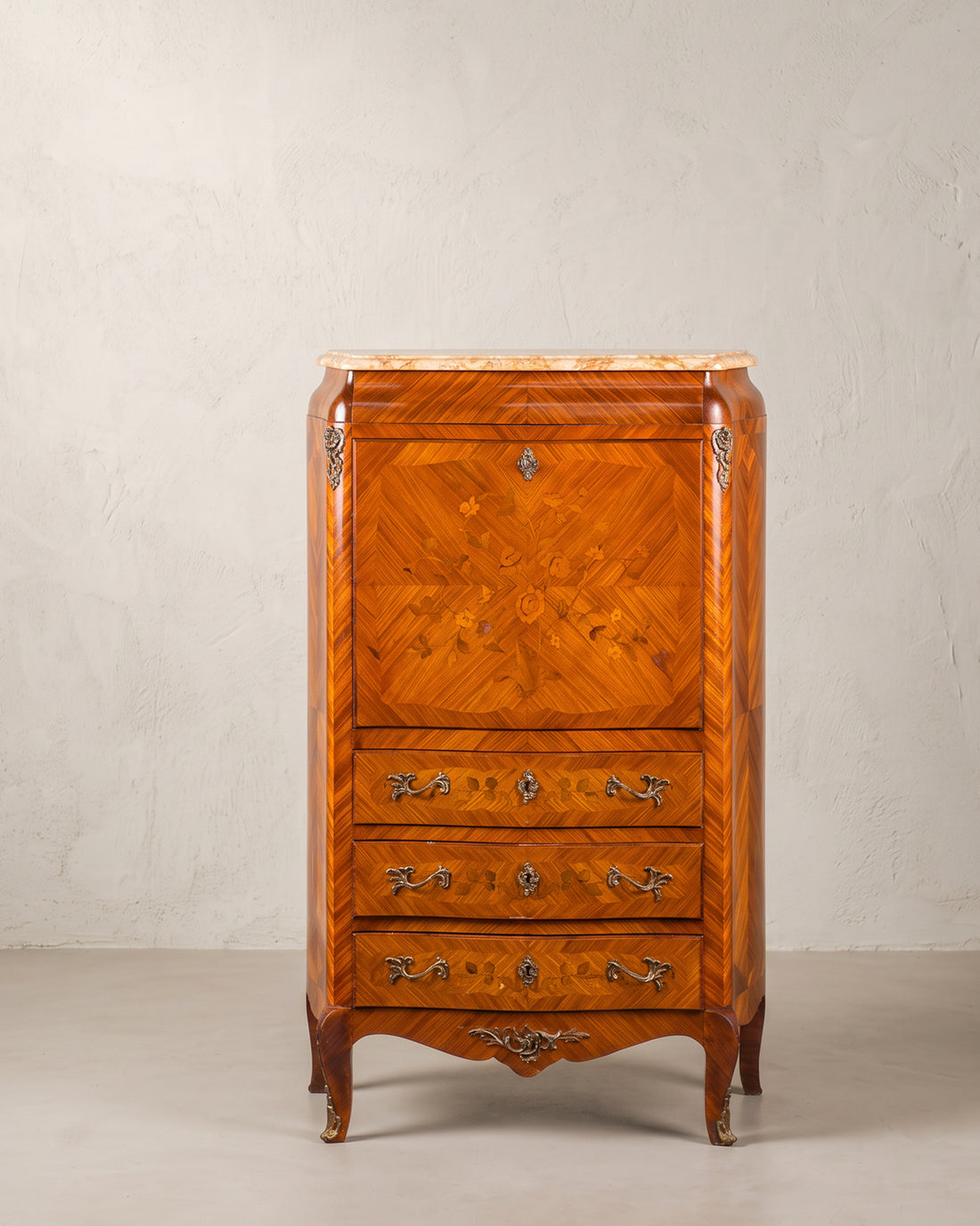Escritorio Secreter Vintage con Marquetería Floral | Estilo Luis XV con Tapa de Mármol, Mediados S. XX