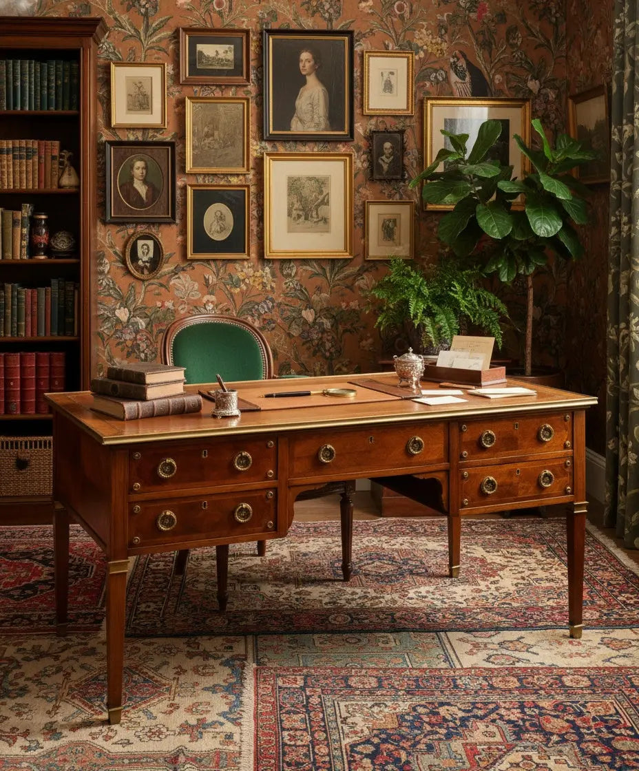 Gran escritorio de centro estilo Luis XVI de madera con cinco cajones y herrajes de bronce.