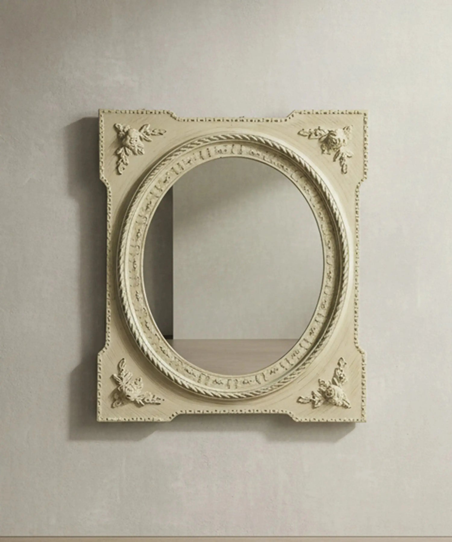 Espejo de pared vintage rectangular con luna ovalada estilo shabby chic en tonos crema.