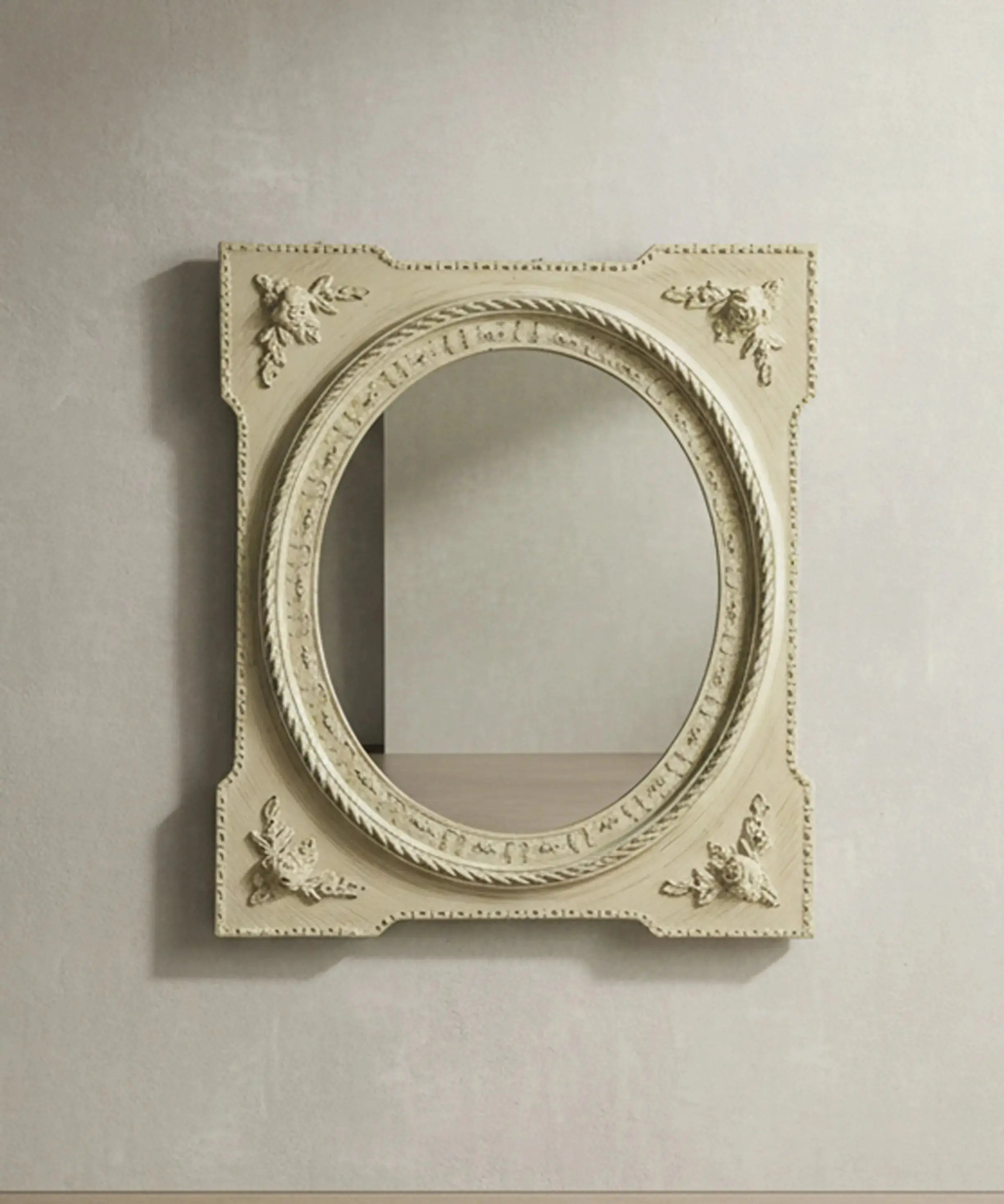 Espejo de pared vintage rectangular con luna ovalada estilo shabby chic en tonos crema.