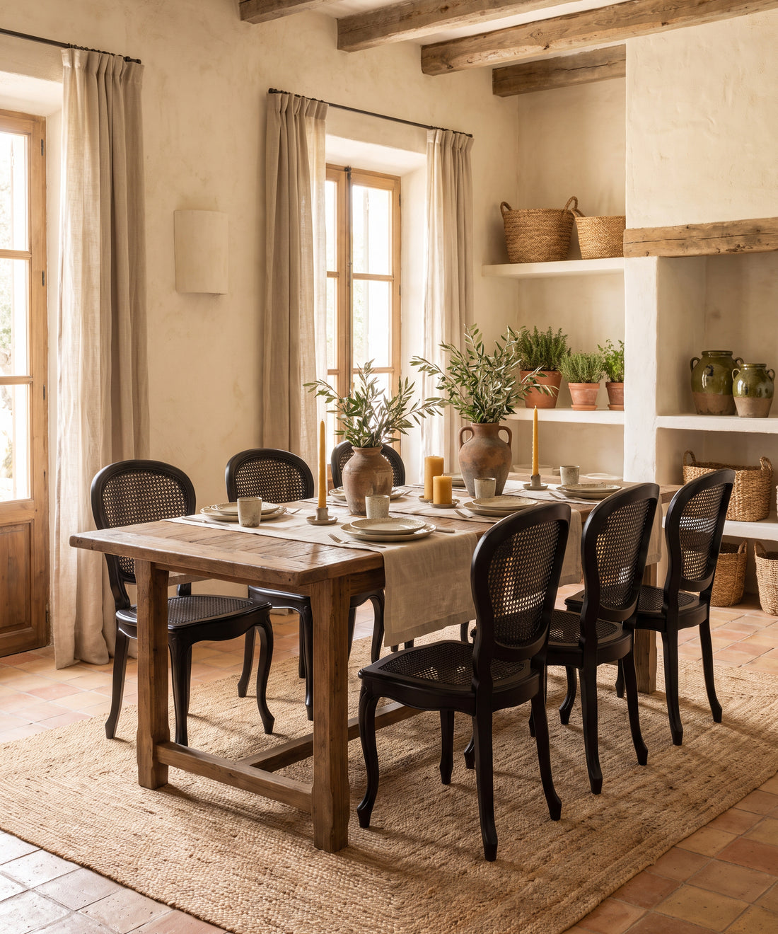Seis sillas vintage de rejilla negras en comedor con mesa de madera — Antique Arte y Decoración