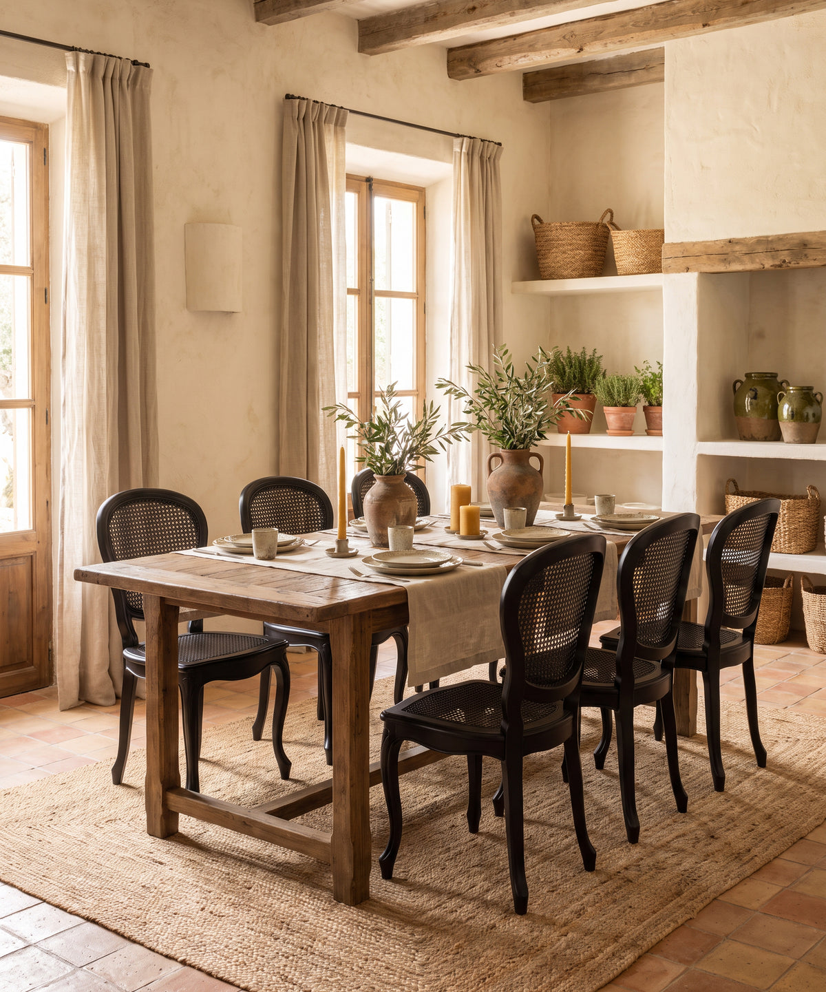 Seis sillas vintage de rejilla negras en comedor con mesa de madera — Antique Arte y Decoración