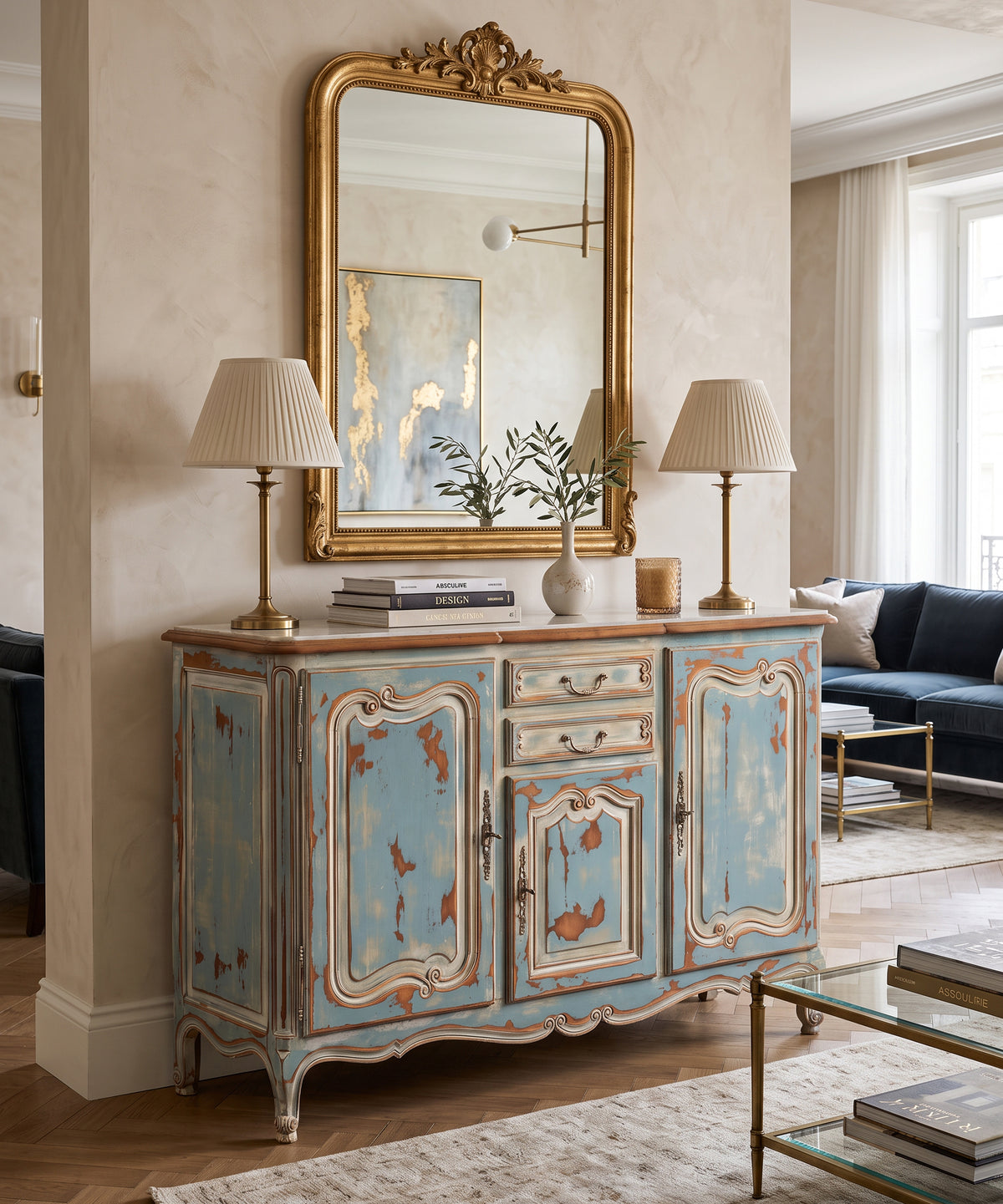 Vintage Louis XV sideboard in blue and beige