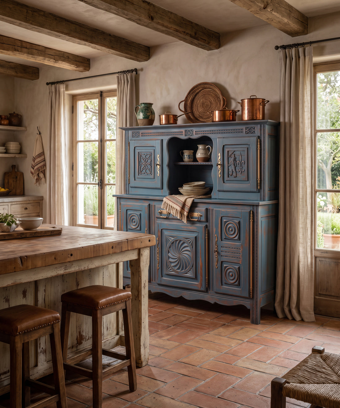 Aparador vintage azul decapé en cocina con vigas de madera y suelo de barro — Antique Arte y Decoración