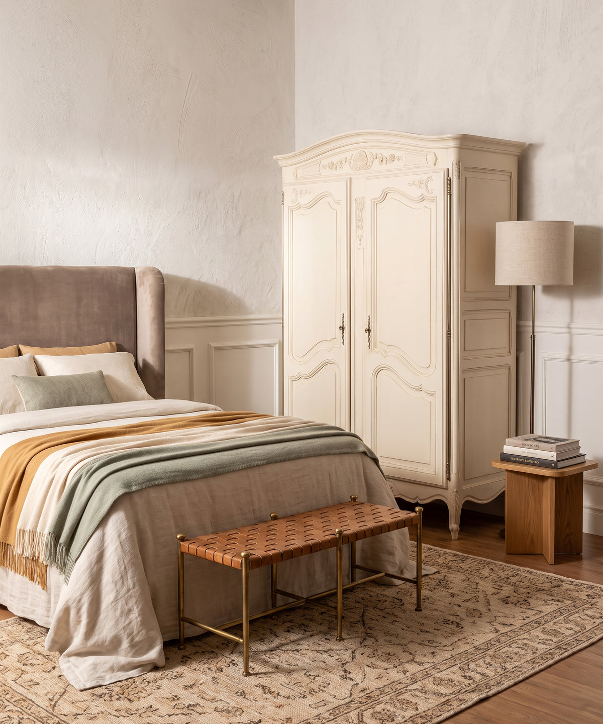 Armario Luis XV marfil en dormitorio junto a cama tapizada y banco de cuero — Antique Arte y Decoración