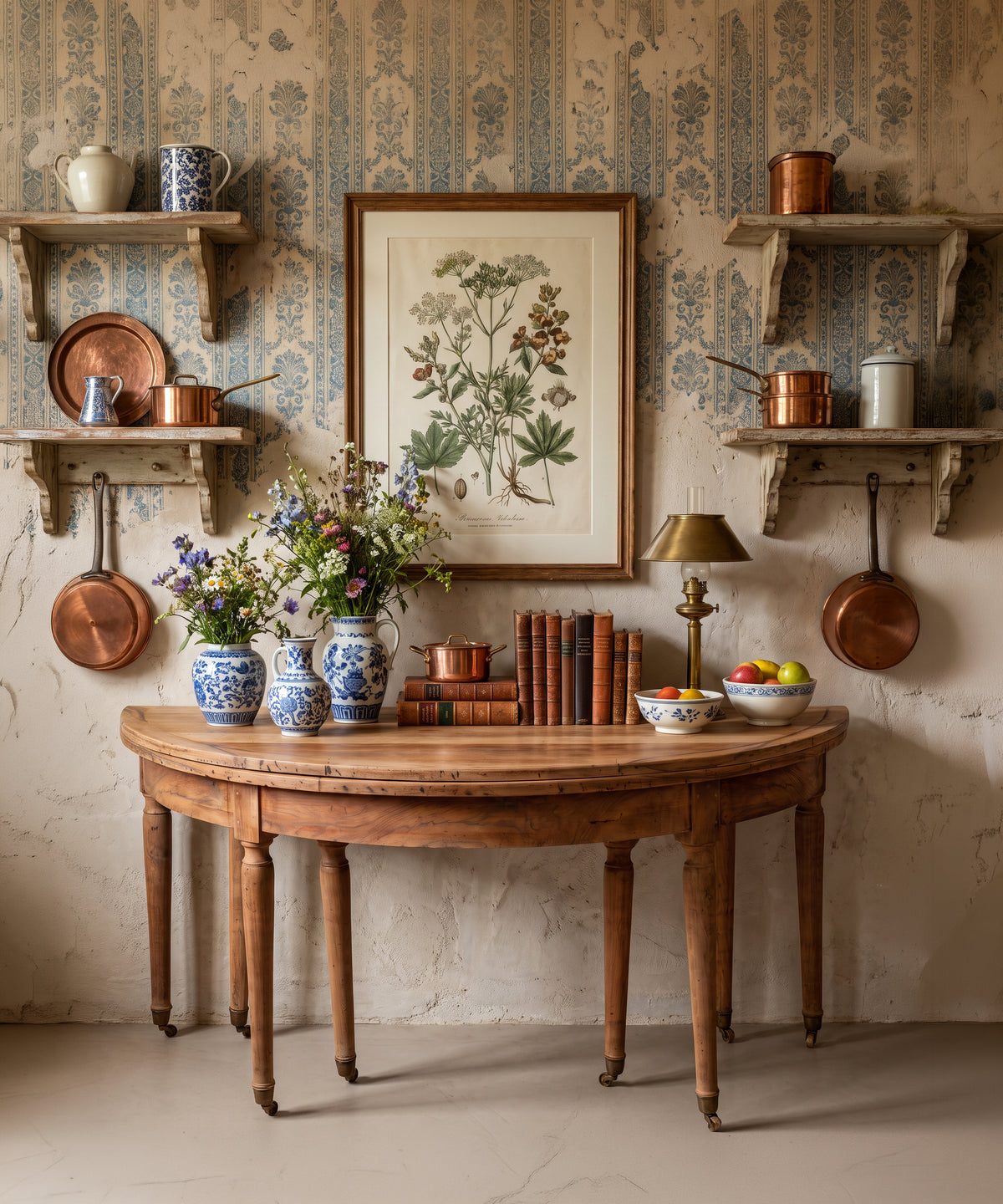 Mesa de comedor antigua de nogal demi-lune en cocina comedor ambiente — Antique Arte y Decoración