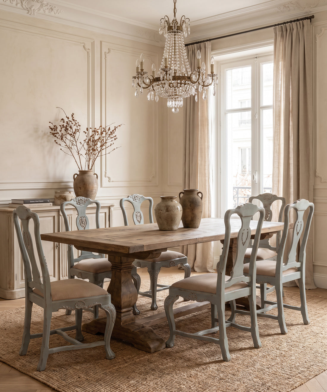 Seis sillas estilo Reina Ana en gris azulado en comedor con mesa de madera — Antique Arte y Decoración
