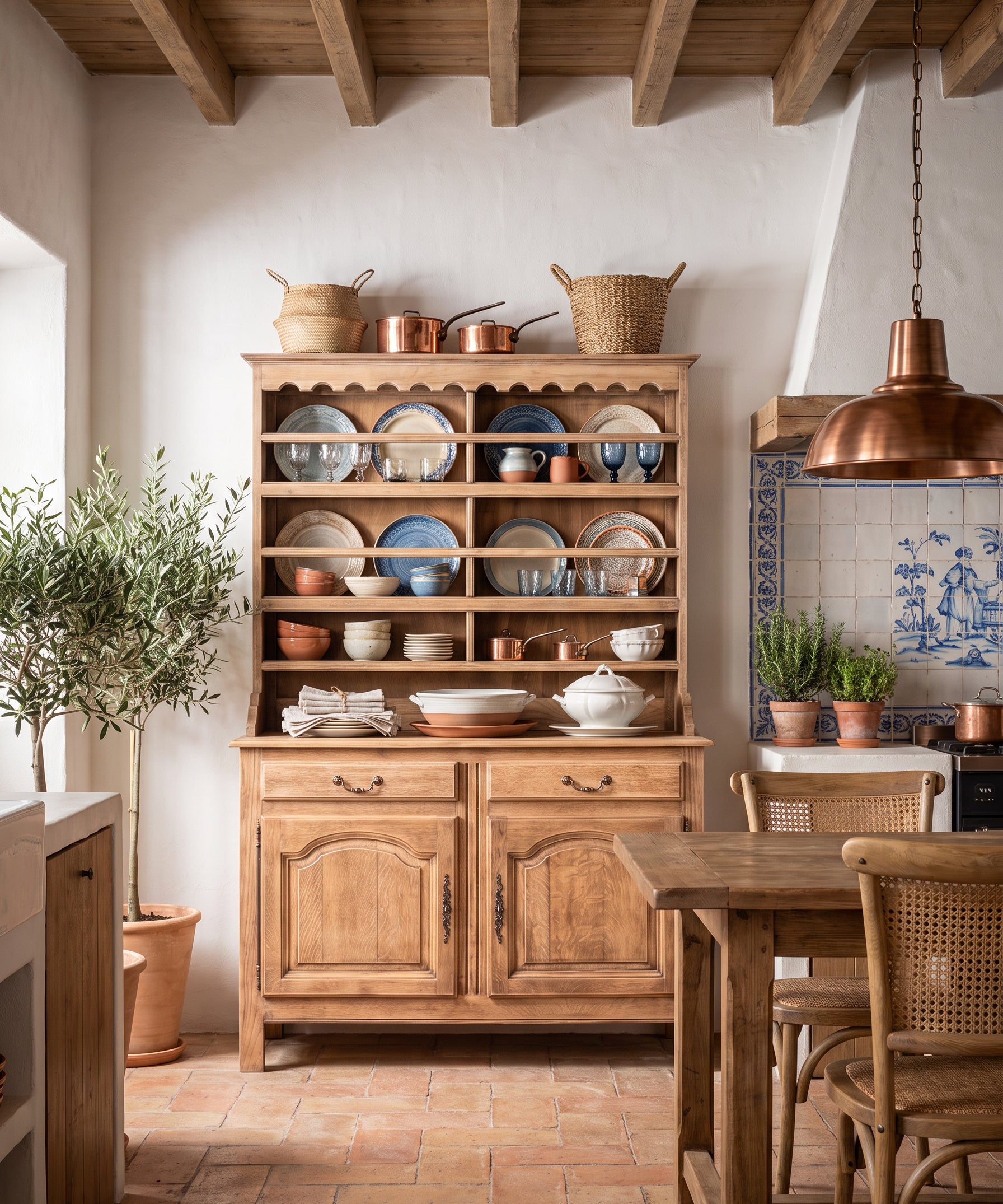Aparador platero provenzal en cocina de casa de campo con vajilla — Antique Arte y Decoración